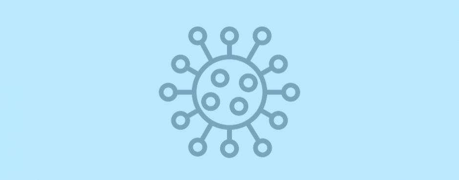 Et ikon af en coronavirus på en blå baggrund.