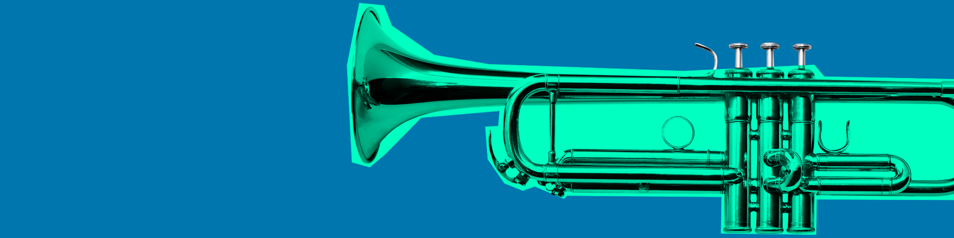 En grøn trompet på blå baggrund som en del af Midlertidig kunststøtteordning 2021.