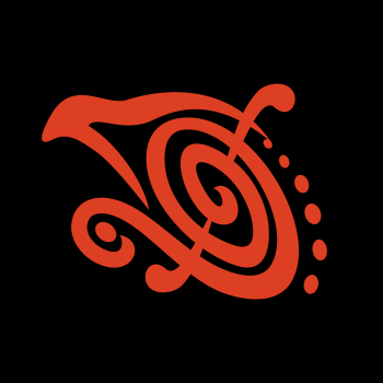 Et rødt og sort logo med en harpe, skabt til Spil Dansk Ugen.