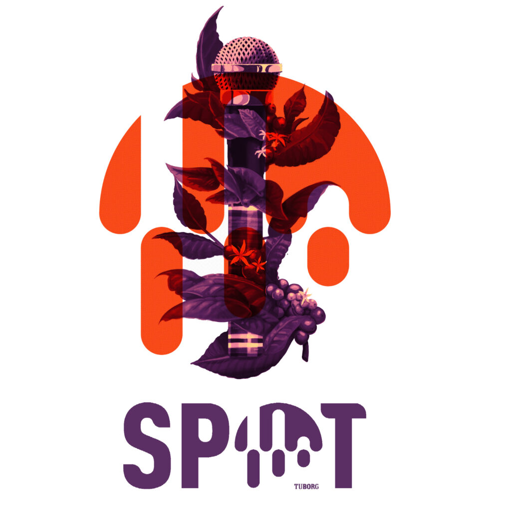 Et logo for SPOT Festival med en mikrofon i midten af en blomst, der indeholder elementer af rabat.