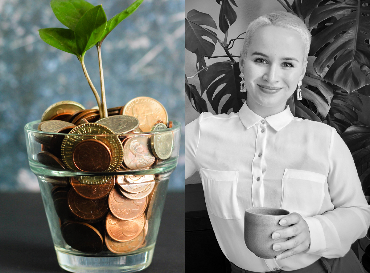 To sort/hvide billeder af en kvinde med en kop penge og en plante, der viser hendes kreative arbejde for Kulturlegater.dk.