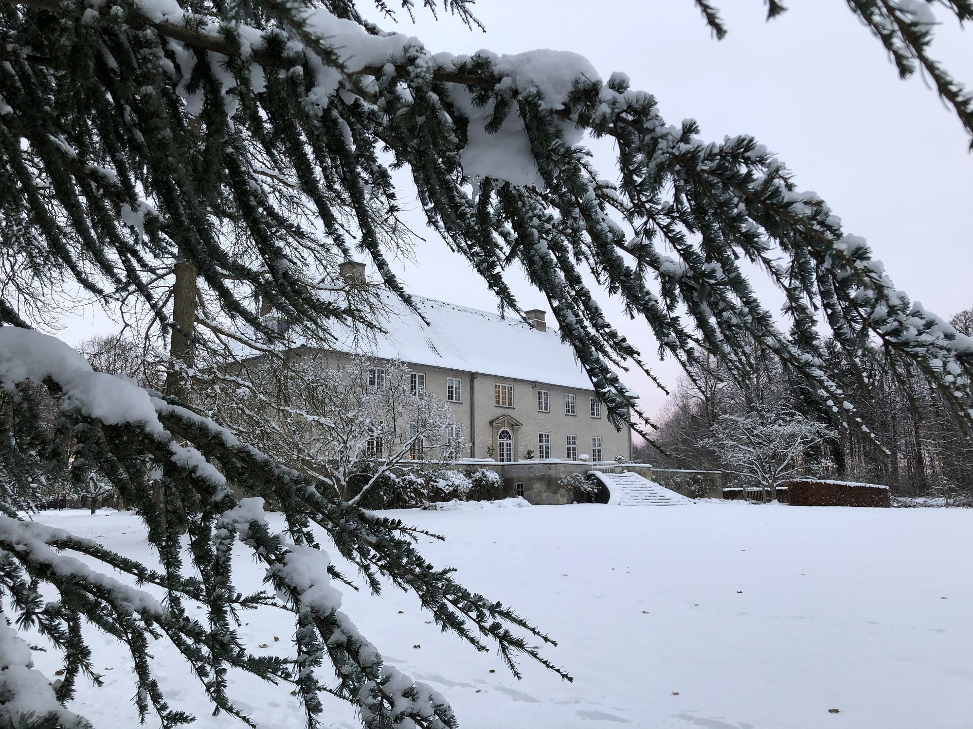 Et malerisk KompositionsCamp-retræte beliggende i et snedækket landskab med et storslået hus og et smukt træ, der er silhuet af vinterhimlen.
