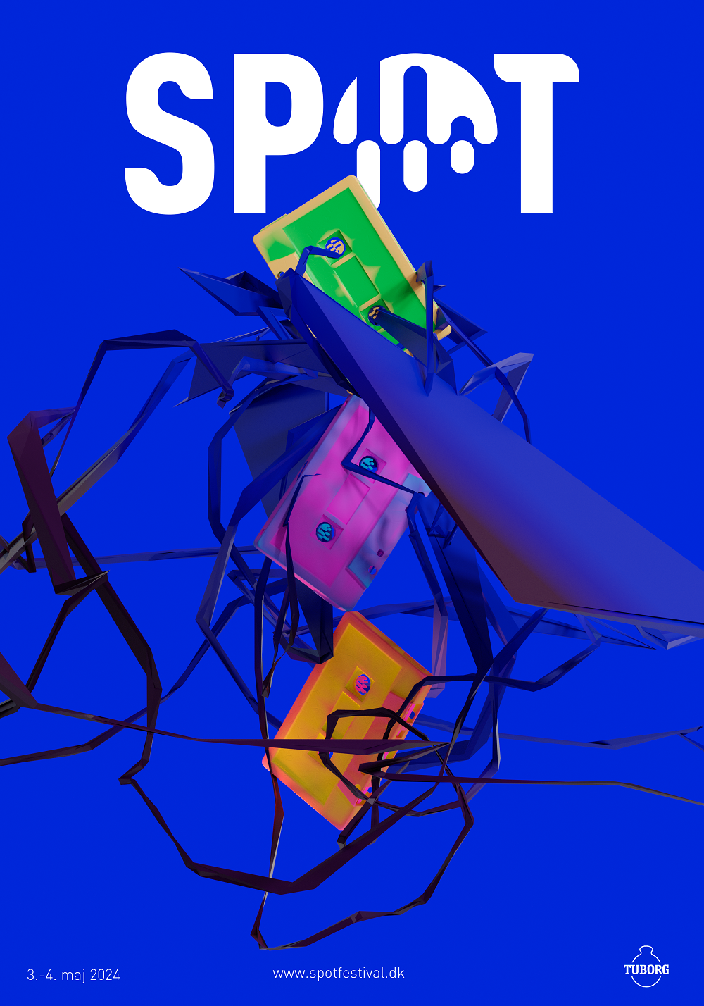 Abstrakt og farverig reklameplakat til SPOT Festival 2024 med dynamiske former og digitale kunstelementer.