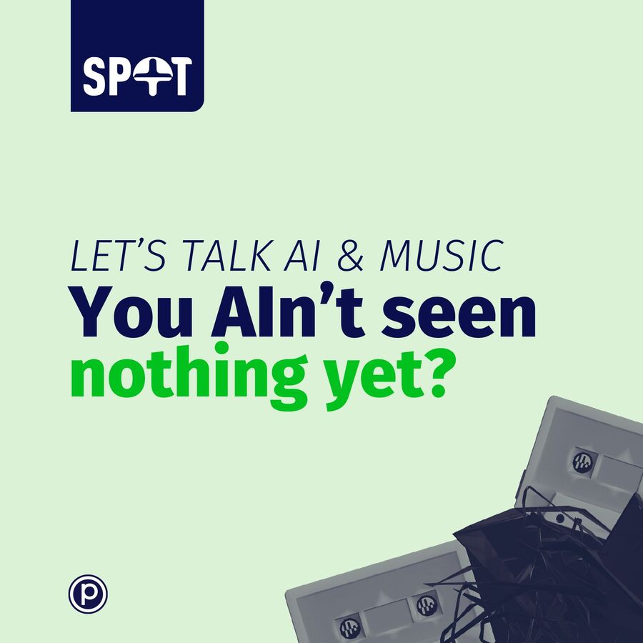 Grafik, der promoverer en diskussion om kunstig intelligens og musik, med teksten "lad os tale om kunstig intelligens og musik - du har ikke set noget endnu?" med sammenfiltrede kabler og et højttalerikon på en blågrøn baggrund.