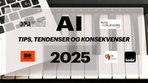 En digital grafik med "AI Tips, Tendenser og Konsekvenser 2025" over en klaver-keyboard-baggrund med logoer fra danske musikorganisationer.