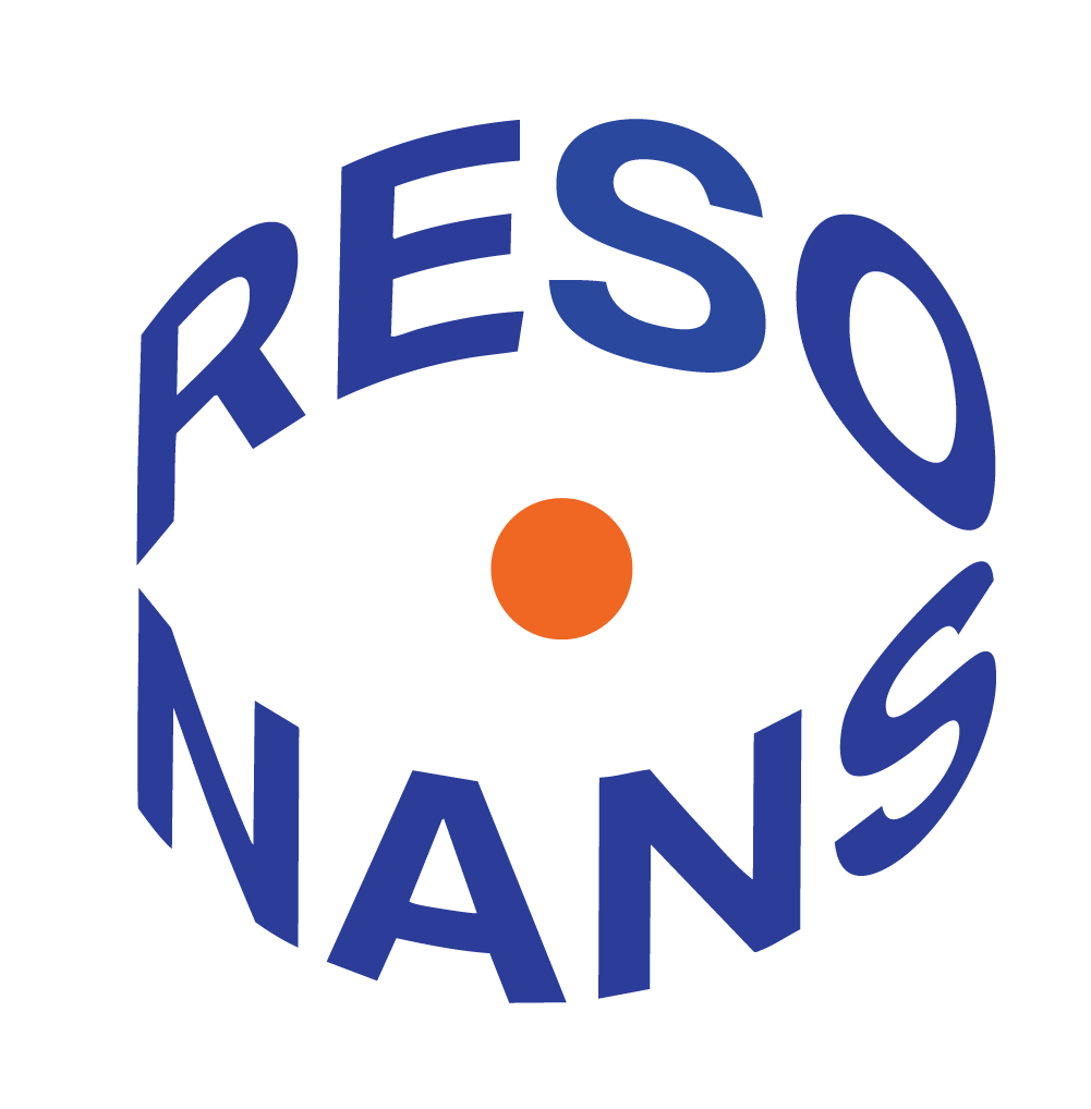 Ordet "RESONANS" vises med buede blå bogstaver, der danner en cirkel omkring en solid orange prik på en hvid baggrund.