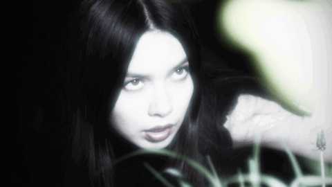 En kvinde med langt mørkt hår kigger op gennem sløret grønt løv, delvist skjult af planter i forgrunden, mod en mørk baggrund.