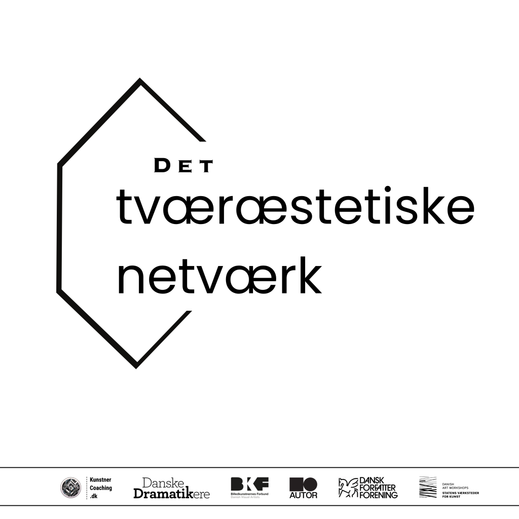 Sort-hvidt logo med teksten "Det tværetiske netværk" med nogle overstregede bogstaver og flere organisationslogoer i bunden.