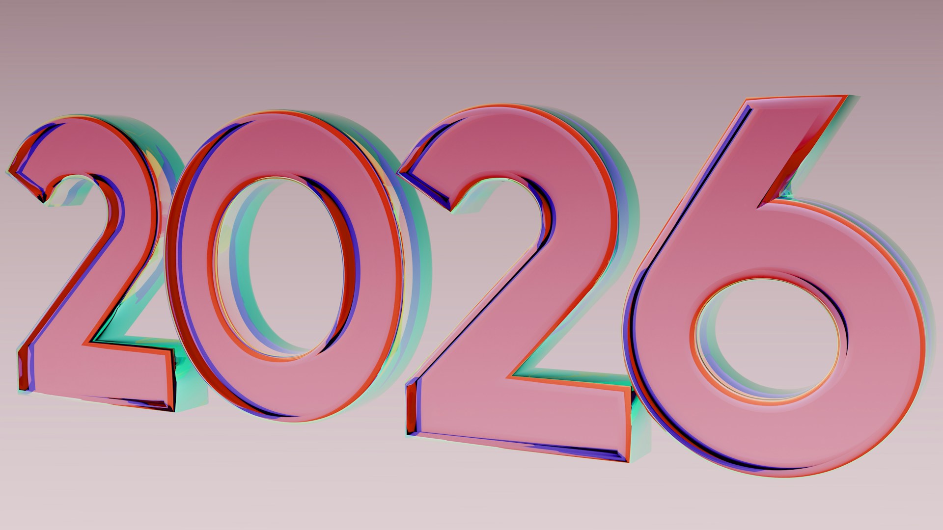 Store, skinnende pink tal, der danner "2026", står på en baggrund med gradient. Tallene har et reflekterende, tredimensionelt udseende.