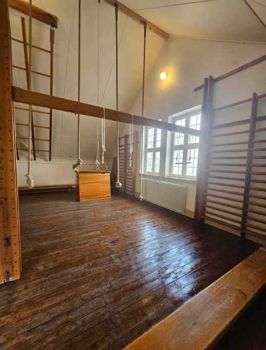 En gammel gymnastiksal med trægulve, klatrereb, stiger, en pommelhest, gymnastikringe og ribbevægge, oplyst af naturligt lys fra store vinduer.