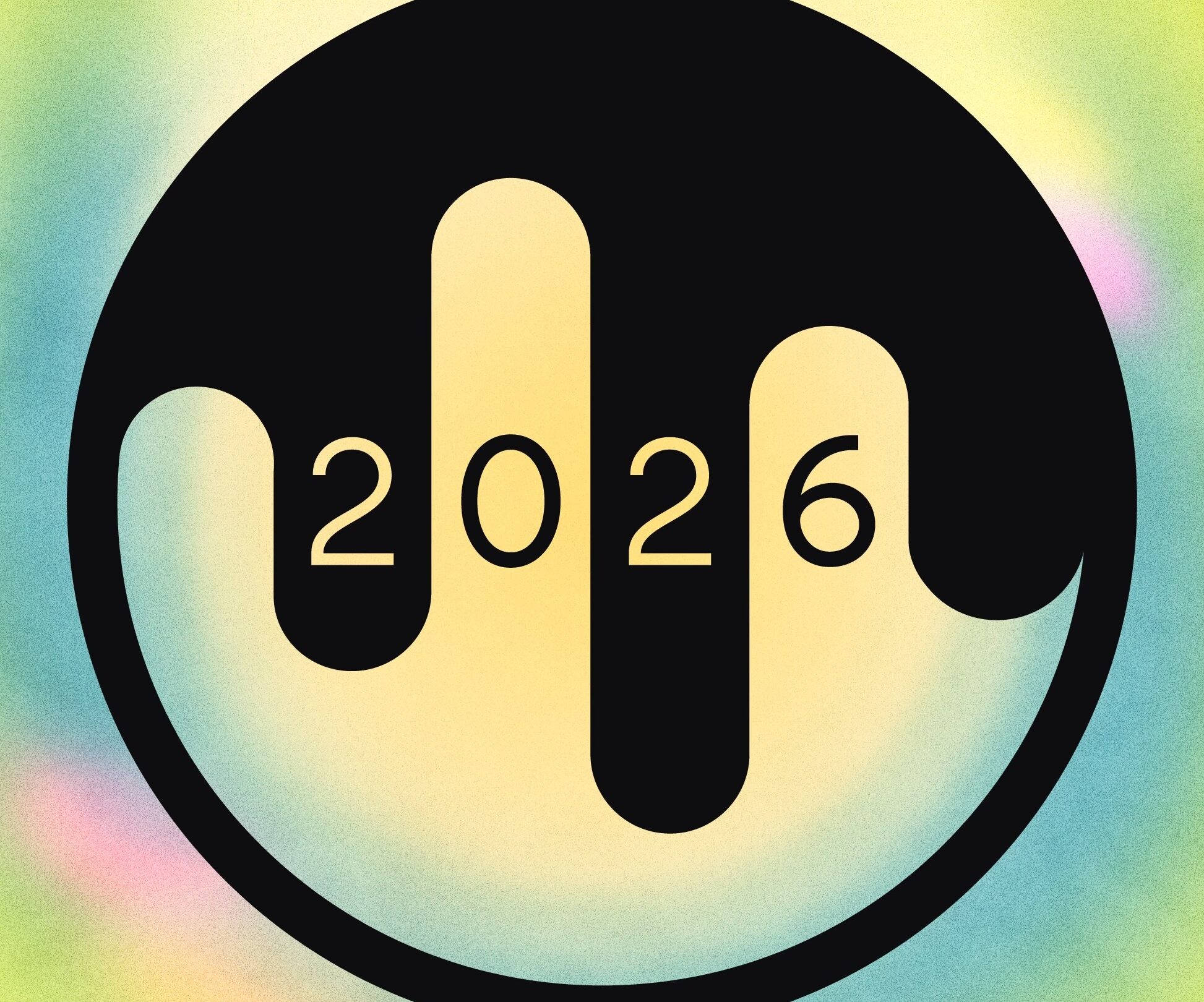 En sort cirkel med et dryppende design indeholder tallet "2026" mod en gul og blå sløret baggrund.