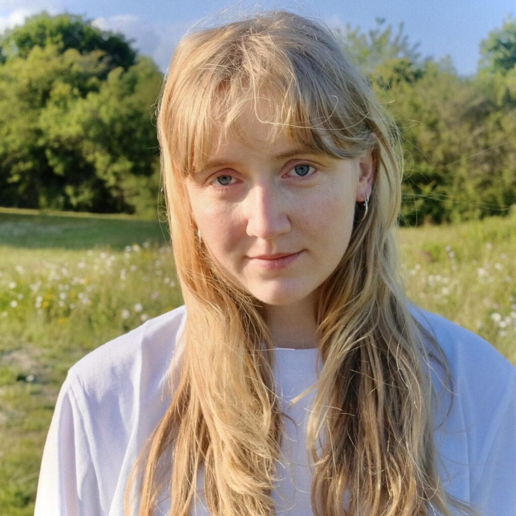 En ung kvinde med langt blondt hår står udendørs på en græsmark og kigger ind i kameraet med træer og blå himmel i baggrunden.
