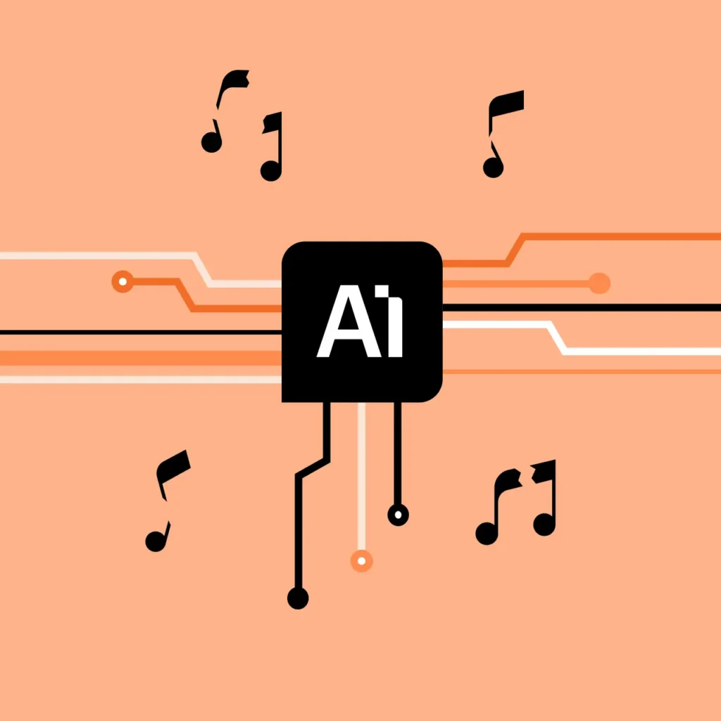 Sort AI-mikrochipgrafik med kredsløbslinjer og sorte musiknoter på en ferskenfarvet baggrund, der symboliserer kunstig intelligens og musik.