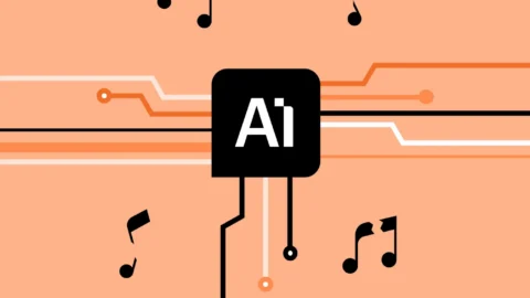 Sort AI-mikrochipgrafik med kredsløbslinjer og sorte musiknoter på en ferskenfarvet baggrund, der symboliserer kunstig intelligens og musik.
