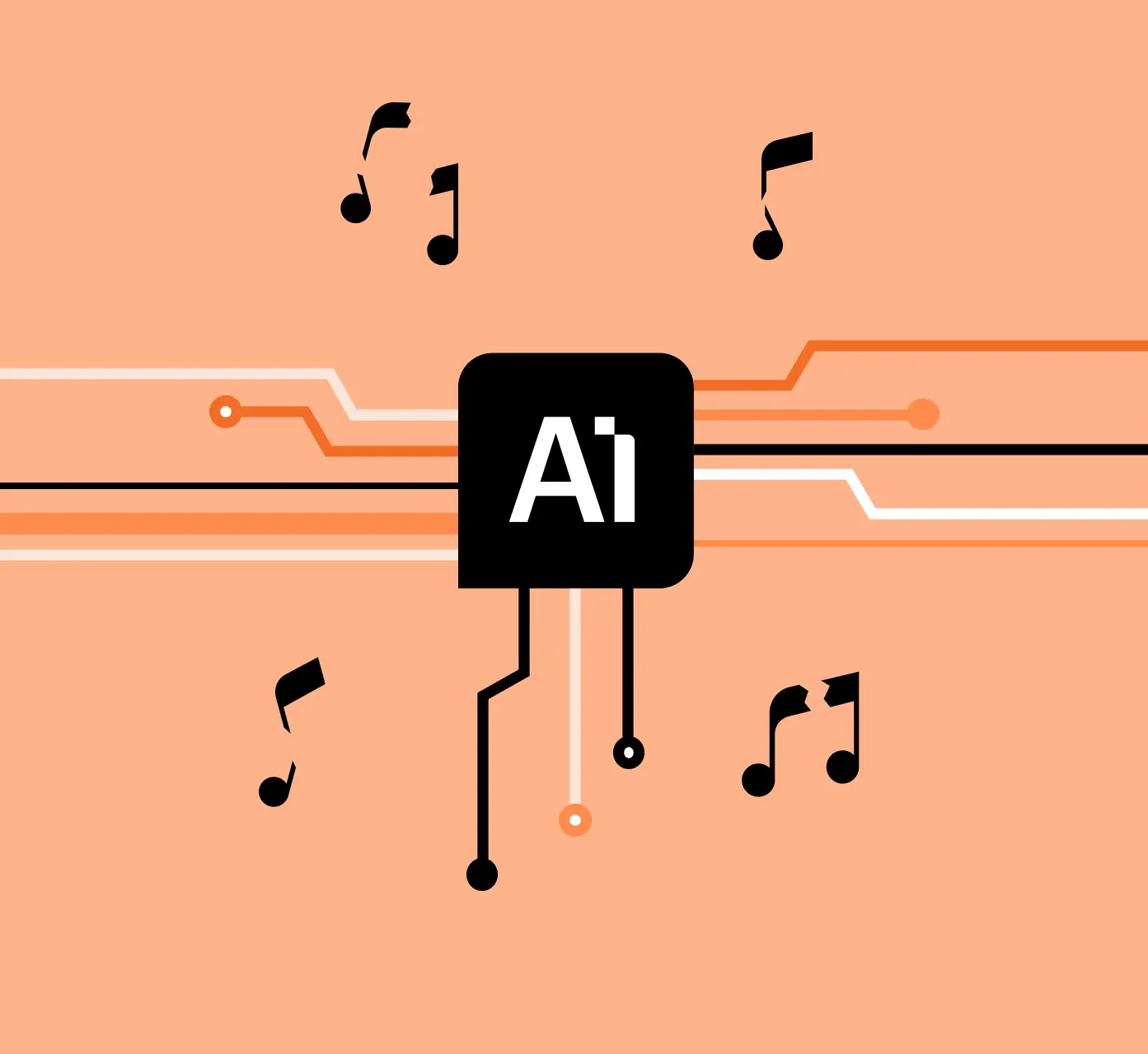 Sort AI-mikrochipgrafik med kredsløbslinjer og sorte musiknoter på en ferskenfarvet baggrund, der symboliserer kunstig intelligens og musik.