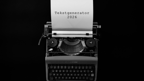 En sort skrivemaskine på en mørk overflade holder et ark papir med teksten "Tekstgenerator 2026" skrevet med sorte bogstaver.