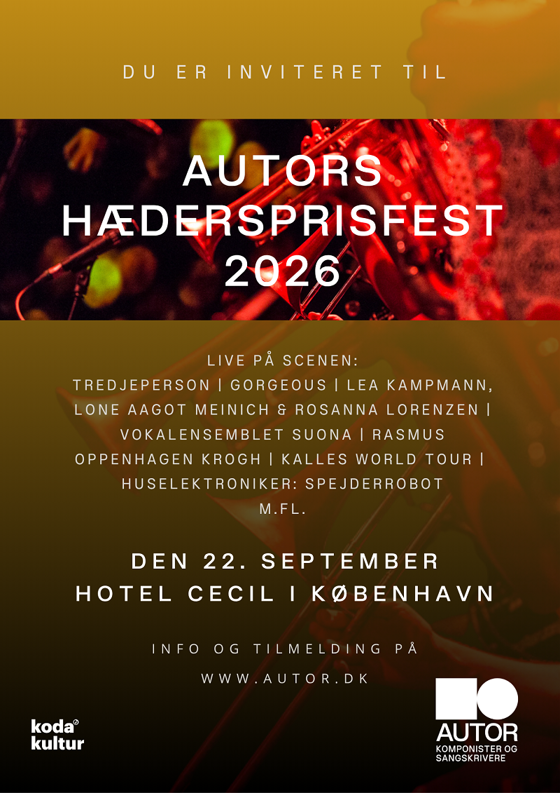 Plakat for AUTORS Hædersprisfest 2026 med liveoptrædener den 22. september på Hotel Cecil i København. Indeholder oplysninger om arrangementet, de optrædende og arrangørernes logoer.