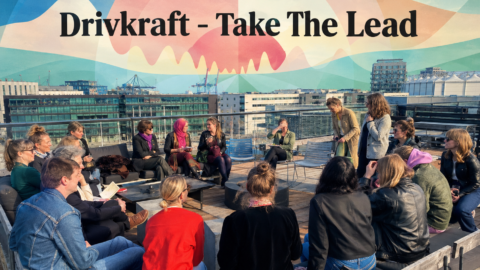 En gruppe mennesker sidder i en halvcirkel på en tagterrasse og lytter til en taler. I baggrunden ses byens bygninger og et vægmaleri med teksten »Drivkraft – Take The Lead«.