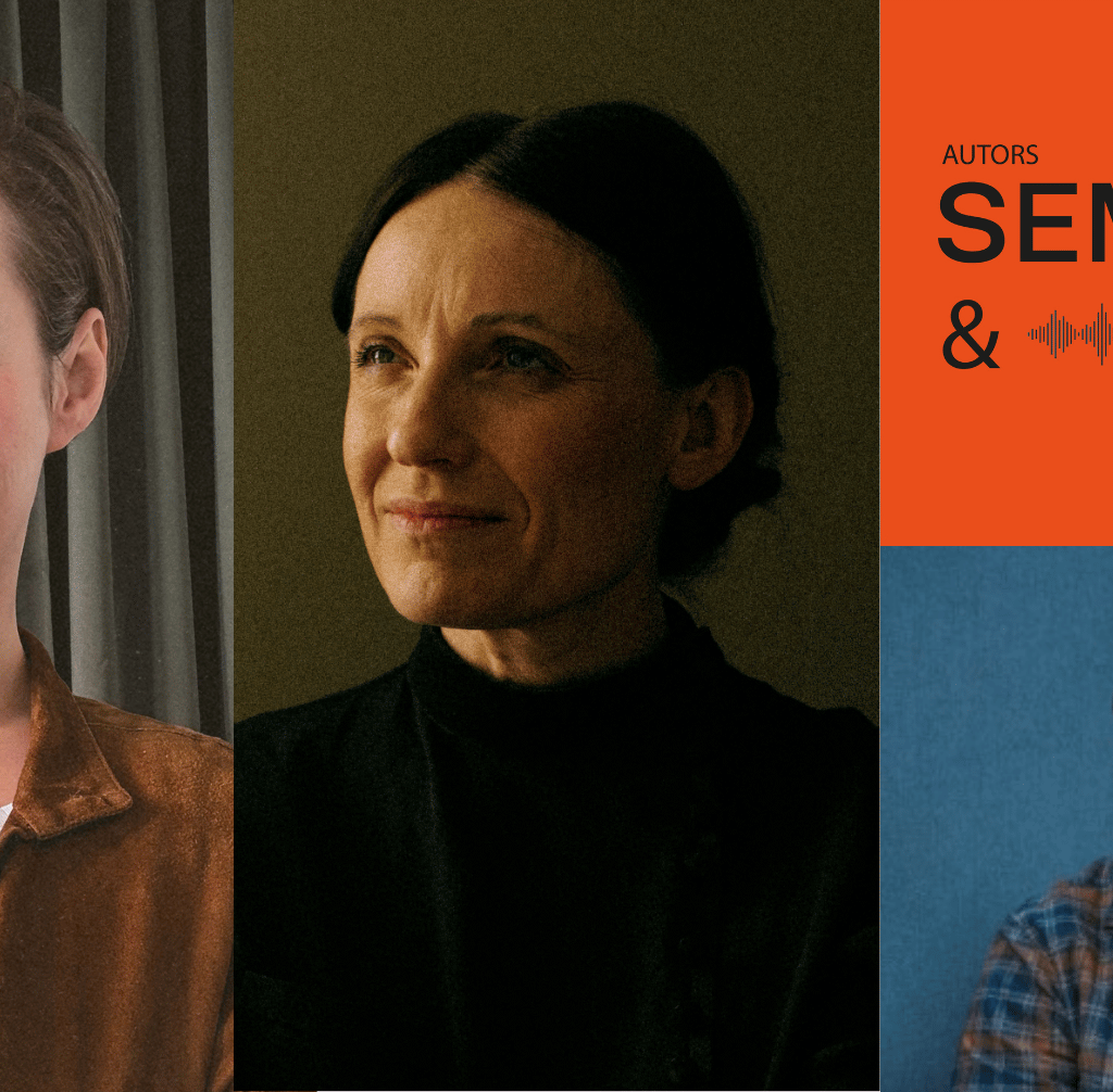 Et billede til »Autors Seminar & Bar« med portrætter af tre personer: en kvinde i en brun jakke, en kvinde i en sort rullekravebluse og en mand med en kasket.